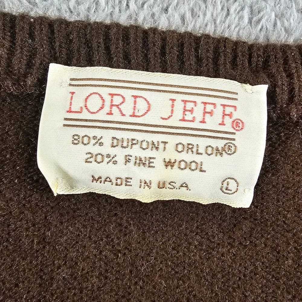 Vintage Lord Jeff Mens Large V-Neck Sweater Brown Wool Blend Made in USA
